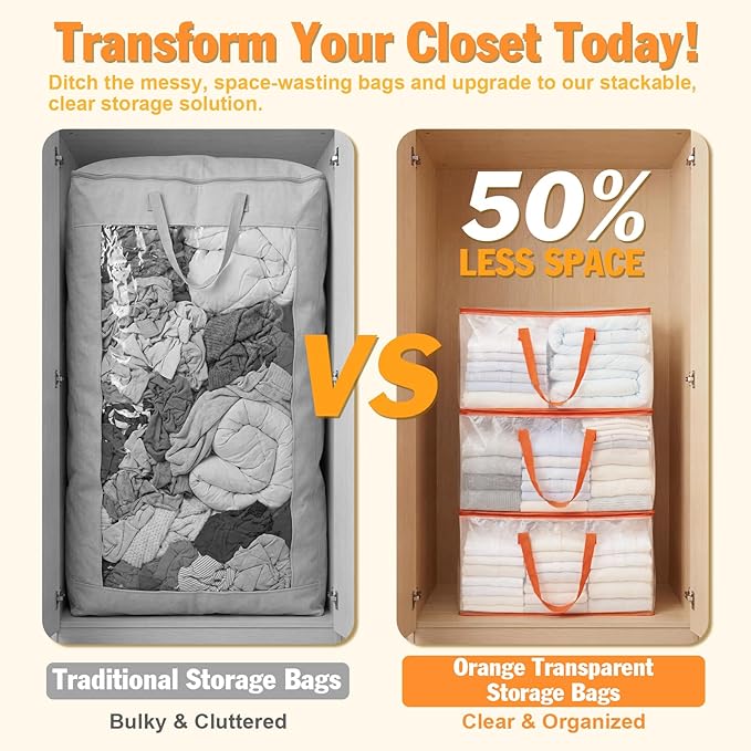 KYODOLED Clear Moving Bags with Orange Handles, 10-Pack Heavy Duty Storage Totes for Clothes & Bedding, Extra Large 27"x14"x15" (24 Gal), Foldable Transparent Organizer with Label Pocket, PP Material