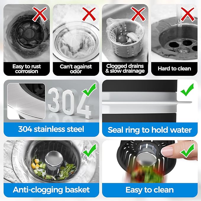 zaa Sink Drain Strainer - 3 in 1 Kitchen Sink Stopper, Stainless Steel Kitchen Drain Plug & Cover with Anti-Clogging Basket Strainer, Fit US Standard 3-1/2'' Sink Drain Hole, Brushed Black