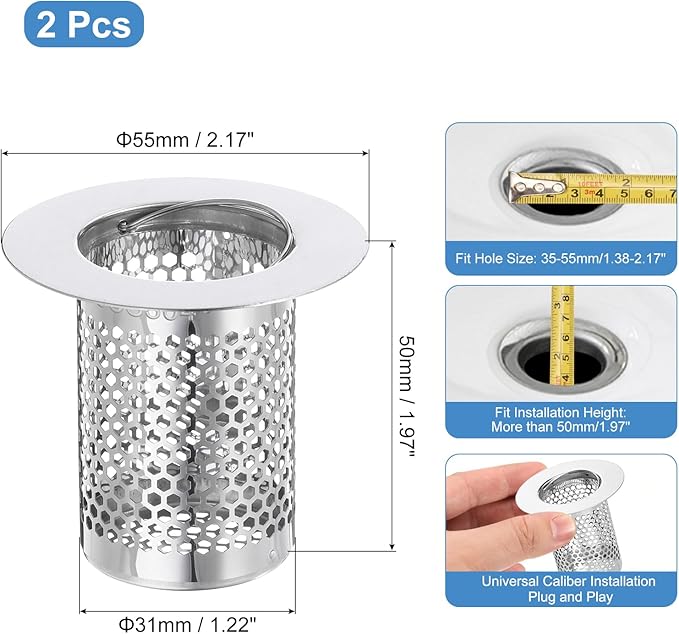 uxcell 2 Pack Shower Drain Strainers, 2" x 2.2" Stainless Steel Floor Drain Strainer Deep Sink Hair Catcher for Kitchen Bathroom Balcony Floor Drain, Fit Hole Size 1.38" to 2.17"
