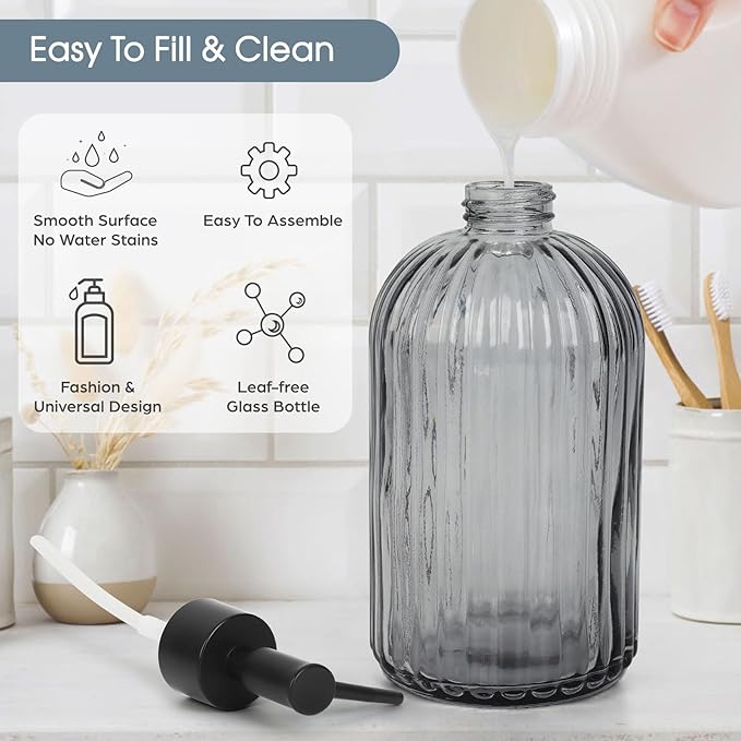 Topsky 2 Pack Glass Soap Dispenser with Plastic Pump,400ml Liquid Hand Soap Dispenser,Rustproof Pump for Kitchen & Bathroom,Great for Lotions,Essential Oil,Liquid Soaps,Gray