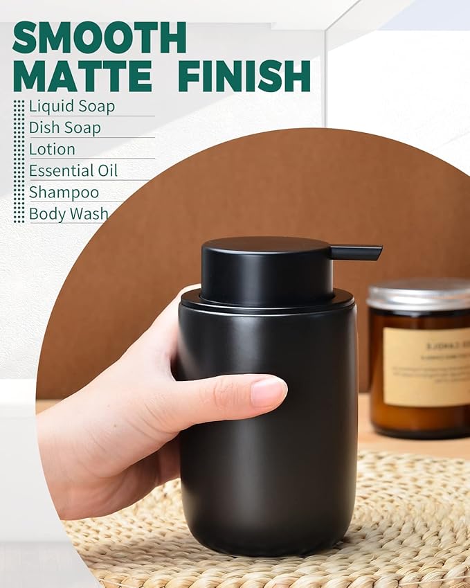 BosilunLife Lotion Pump Dispenser - Matte Black Soap Dispenser Bathroom Ceramic Dish Liquid Soap Dispenser for Kitchen, Bathroom Countertop Soap Dispensers