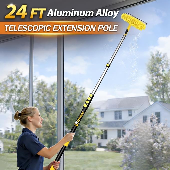 30FT High Reach Window Squeegee with Extension Pole, 2 in 1 Window Washing Kit with 6-Stage Telescopic Pole & Rotatable Head