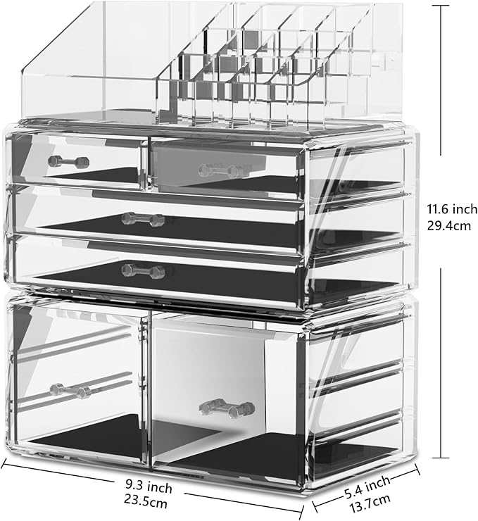 READAEER Makeup Organizer 3 Pieces Cosmetic Storage Case with 6 Drawers (Clear)