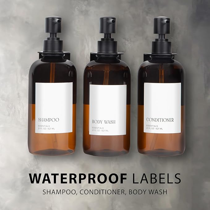 Stylish Shampoo and Conditioner Dispenser Set of 3 for Wall Mount - Modern Drill Free 21oz Shower Soap Bottles with Labels - Easy Refill Body Wash Dispensers for an Instant Bathroom Decor Upgrade