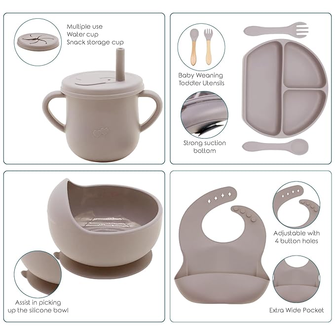 100% Silicone Baby Feeding Set, BPA Free, 9 Pcs: Suction Bowl, Divided Plate, Toddler Self Feeding Dish Set with Spoons, Forks, Sippy Cup, Bib, Beige
