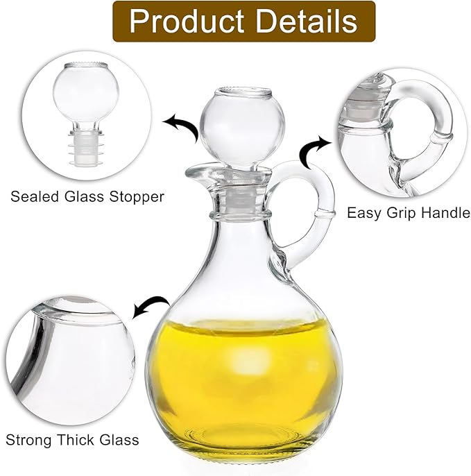 BSTKEY Set of 2 Olive Oil Dispenser Bottle with Stopper, Elegant Style Round Glass Cruet Bottles for Kitchen, 310ml Oil Dispenser Spout Container for Syrup Olive Vinegar