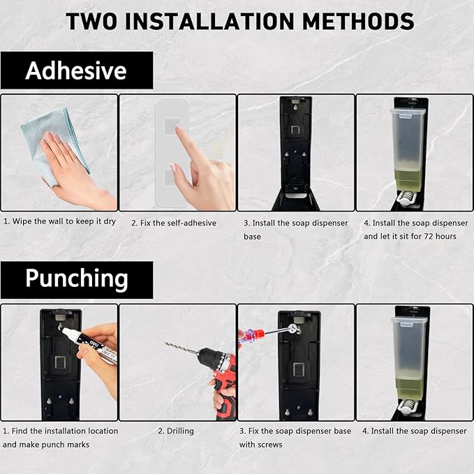 Single Wall Mounted Hand Soap Dispenser, 13.5oz/400ml Black Shower Pump, Clear Refillable Liquid Lotion Soap Dispenser, Drill Free with Adhesive or Wall Mount with Screws Shower Pump Dispenser