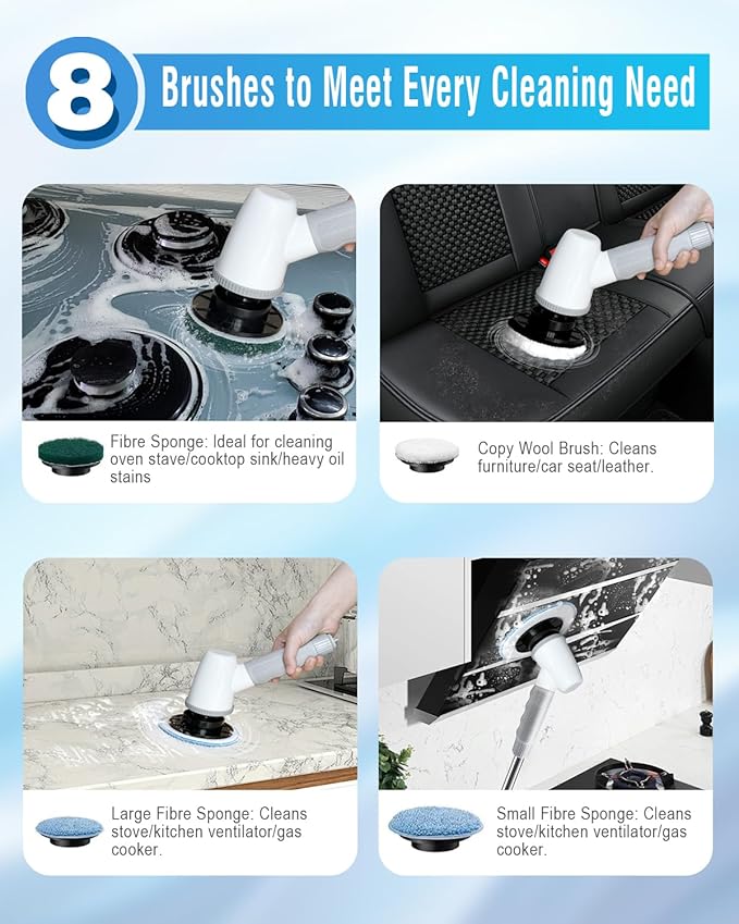 Electric Spin Scrubber Bathroom Scrubber - Cordless Shower Scrubber with Adjustable Handle, 2 Speeds, Bathroom Scrubber with 8 Replaceable Brush Heads, Power Scrubber for Bathroom Bathtub Cleaning