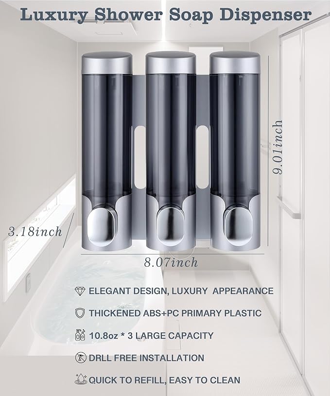 RANKADO Luxury Shower Soap Dispenser 3 Chamber No Drill,Soap Shampoo Conditioner Dispenser Bathroom Wall Mounted with Labels Hotel RV,Silver
