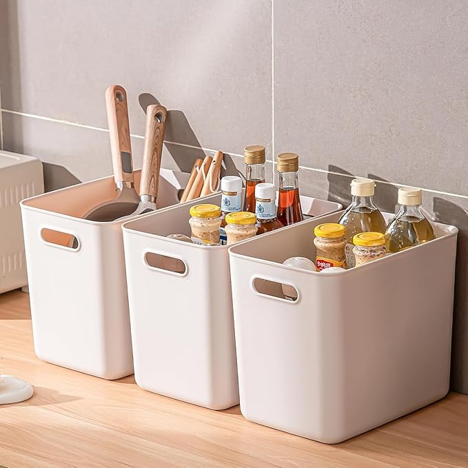 6 Piece Plastic Storage Baskets Boxes with Lids,14.4x10.2x11.8 inch Stackable Organizing Bins with Handles, Versatile Containers for Pantry,Bathroom,Closet Shelves Desktop (Light grey, 4XXL+2XL)
