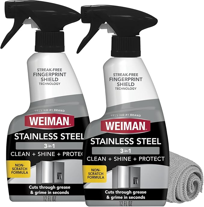 Weiman Stainless Steel Cleaner & Polish, 2 Pack, Anti Fingerprint Spray Stainless Steel Cloth, Water Spots & Grease, No Streaks or Residue