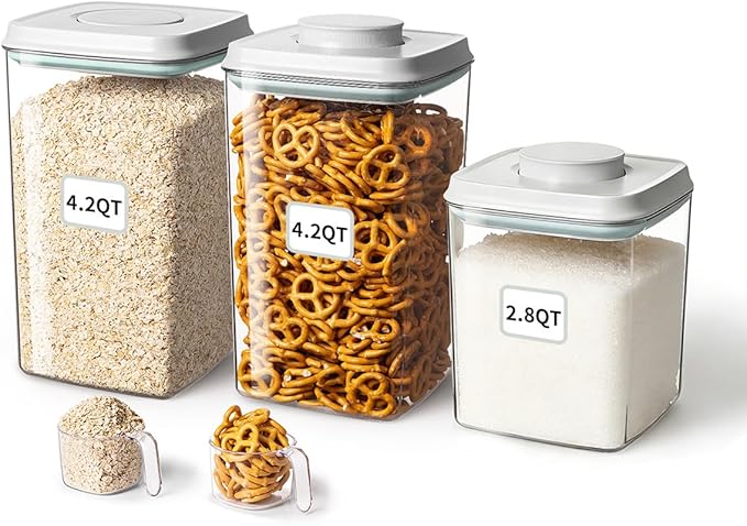 Ankou Food Storage Container Sets, 2.8 Qt + 4.2 Qt *2 Airtight Canisters with Lids and 130ml Scoop, BPA-Free Plastic Pantry Containers for Flour