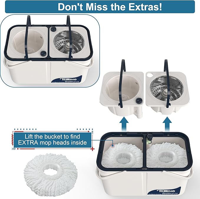 Gen 1 Large-Capacity Spin Mop and Bucket – for Big Homes & Deep Cleaning Days,4-Chamber System Separates Dirty & Clean Water, 2-GAL Heavy-Duty Design with Wheels & 6 Refill Mop Heads - White/Grey