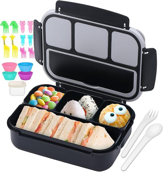 QQKO Bento Box for Kids Adults, School Toddler Lunch Box for Boys Girls, Lunch Box Containers with 4 Compartments, Sauce Container, Utensils