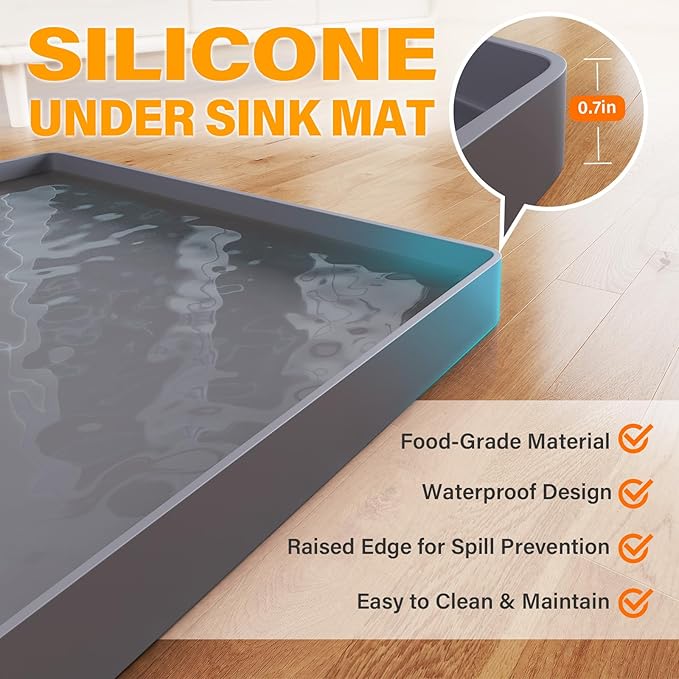 FLATO Waterproof Under Sink Mat 22" x 22" Shelf Liner for Kitchen and Bathroom, Cabinet Protector, Organizers and Storage, Flexible Silicone Drip Tray