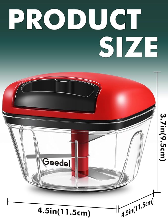 Manual Food Processor Vegetable Cutter, Geedel Pull Chopper with String, Food Chopper Vegetable Cutter for Veggies, Fruits, Salad, Onion, Nuts, Herbs, etc, 2 Cup(500ml), Red