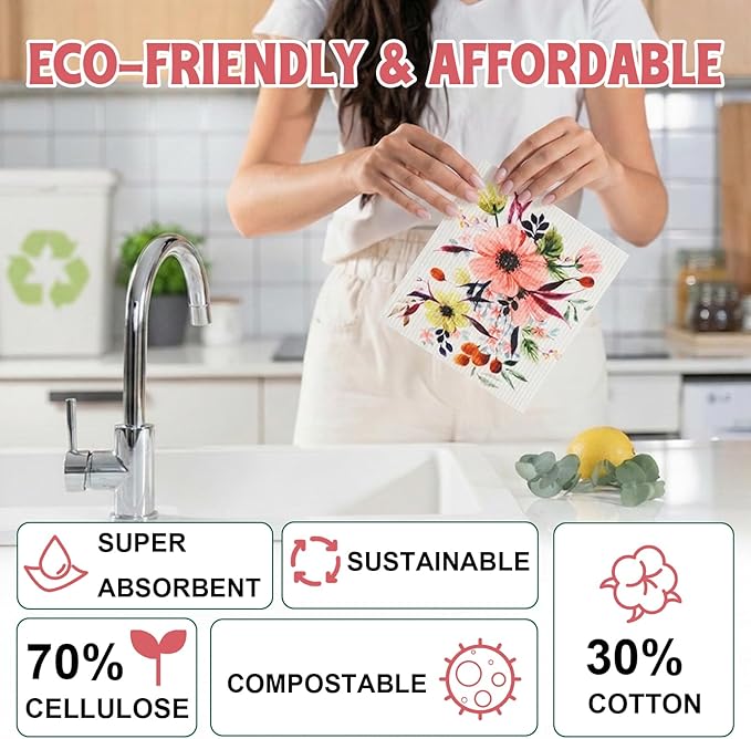 Lsnisni Swedish Dishcloths for Kitchen 6 Pack, Swedish Dish Cloths, Reusable Paper Towels, Washable Kitchen Cloth, 100% Biodegradable, Super Absorbent, Quick Drying