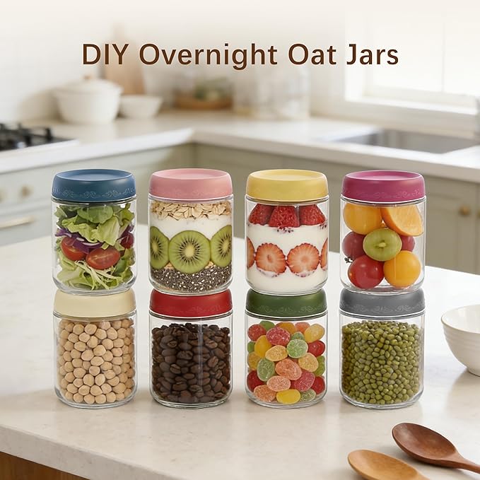 16 OZ 8 Pack Overnight Oats Jars with Airtight Lids and Jar Sleeve, Glass Containers for Meal Prep, Leak-Proof Food Storage Jars for Yogurt