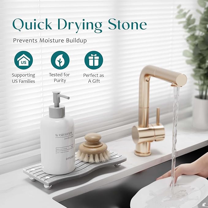 Water Absorbing Stone Tray for Sink, Diatomite Drying Stone for Kitchen Bathroom Counter, Decorative Raised-Feet Vanity Tray, Sink Caddy Organizer for Dish Soap & Sponge Holder [Grey, 9'' x 4'']