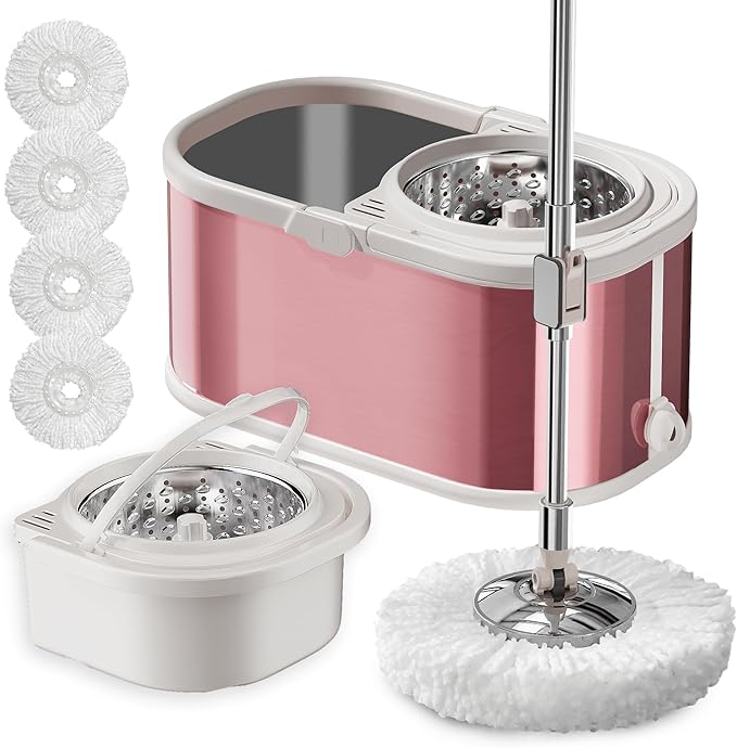 Spin Mop and Bucket with Wringer Set for Home,360° Mop and Bucket with Separate Clean and Dirty Water,Wet Dust Mop for Floor Cleaning with Extra Refills (Pink)