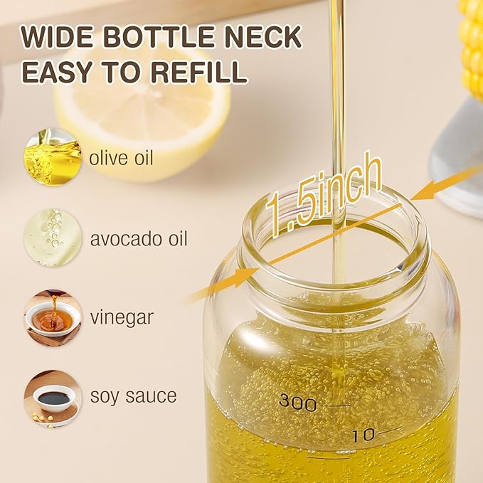 Vucchini Large Olive Oil Dispenser Bottle Kitchen Cooking Oil Dispenser Auto Flip Soy Sauce Container -Stainless Steel Leakproof Vinegar Glass Cruet (10 oz and 17 oz Set)