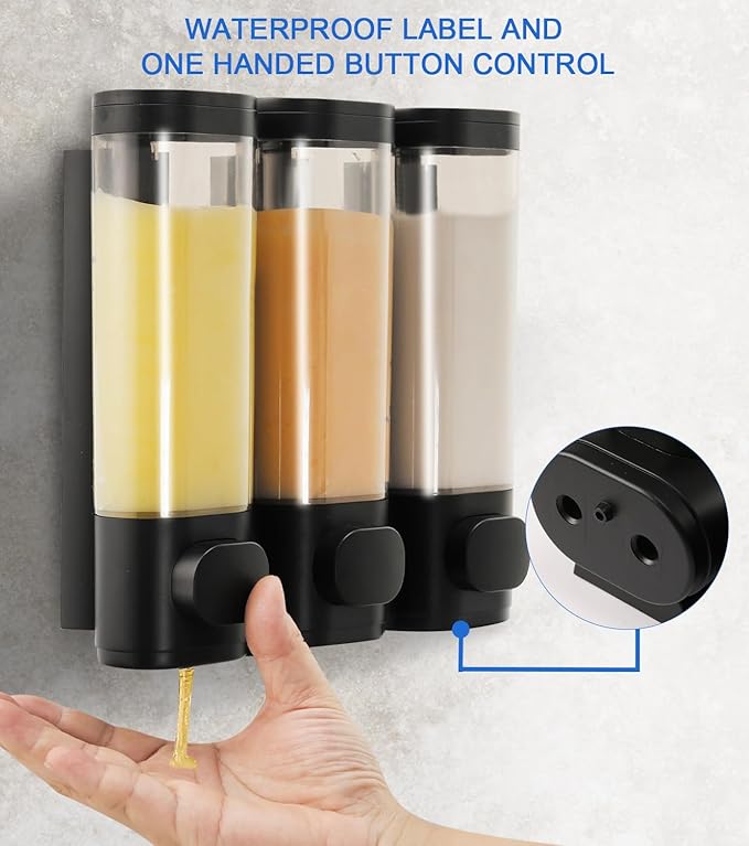 Shower Soap Dispenser Wall Mounted Shampoo and Conditioner Dispenser No Drill 3 Chamber Large Capacity for Bathroom Hotel, Black