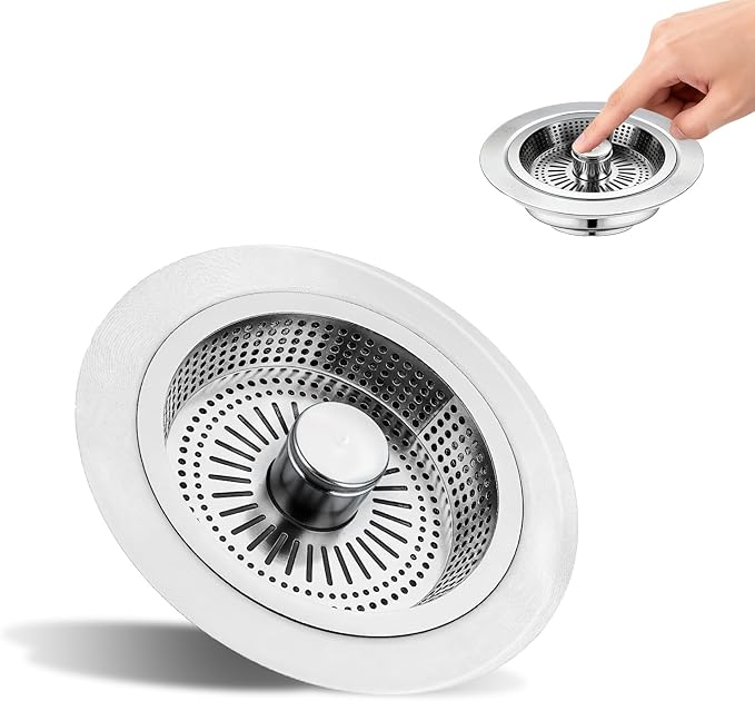 Kitchen Sink Drain Strainer & Stopper: Upgraded 3 in 1 SUS304 Stainless Steel Drain Plug with Anti-Clog Basket Drain Stopper Combo