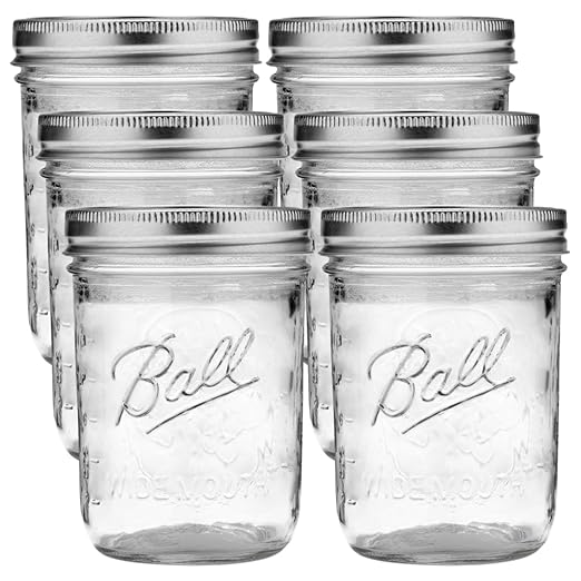 Ball Wide Mouth Glass Mason Jars with Lids and Bands, Used for Canning, Pickling, Juice, Jam, Jelly, Pint Size 16 Ounce (Pack of 6)