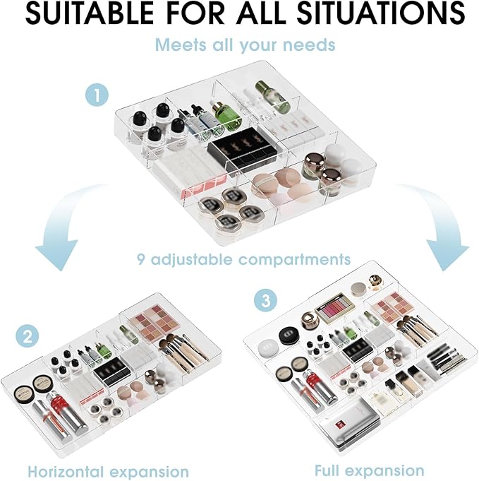 MIUOPUR Expandable Drawer Organizer, Width (10.6"-20.1") Depth (11"-20.1"), Clear Makeup Drawer Organizer with 6 Removable Dividers, Silverware Organizer, Great for kitchen and Bathroom Drawers