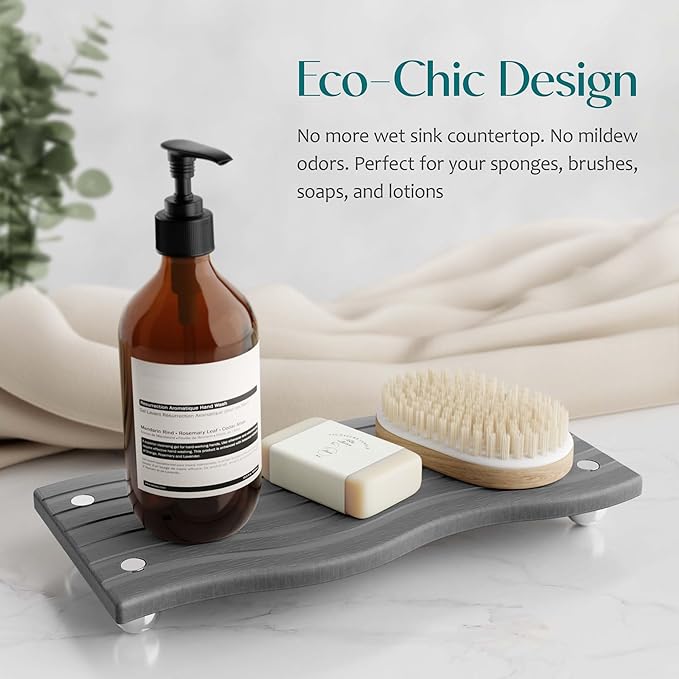 Water Absorbing Stone Tray for Sink, Diatomite Drying Stone for Kitchen Bathroom Counter, Decorative Raised-Feet Vanity Tray, Sink Caddy Organizer for Dish Soap & Sponge Holder [Dark Grey, 9'' x 4'']