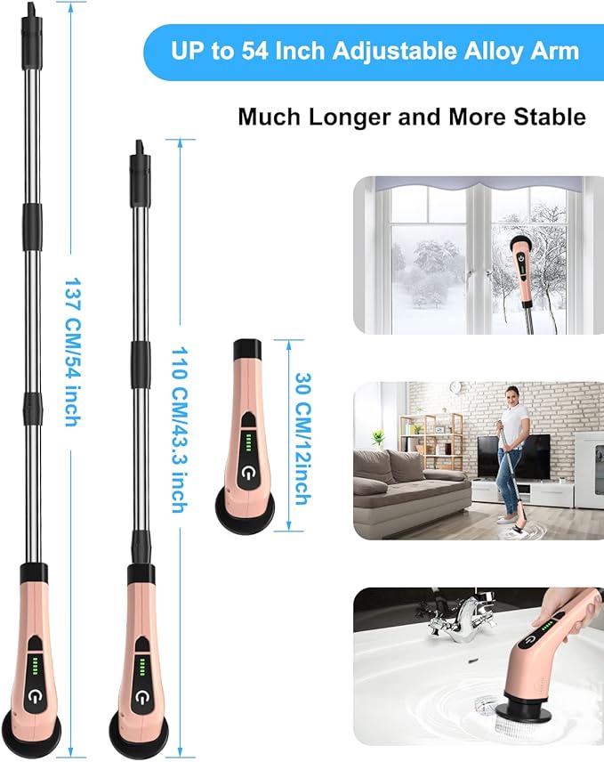Leebein Electric Spin Scrubber, Cordless Powerful Scrub Brush for Cleaning Bathroom, Kitchen, Shower Tub and Floor Tile with Adjustable Extension Long Handle and 8 Replaceable Brush Heads(Rose)