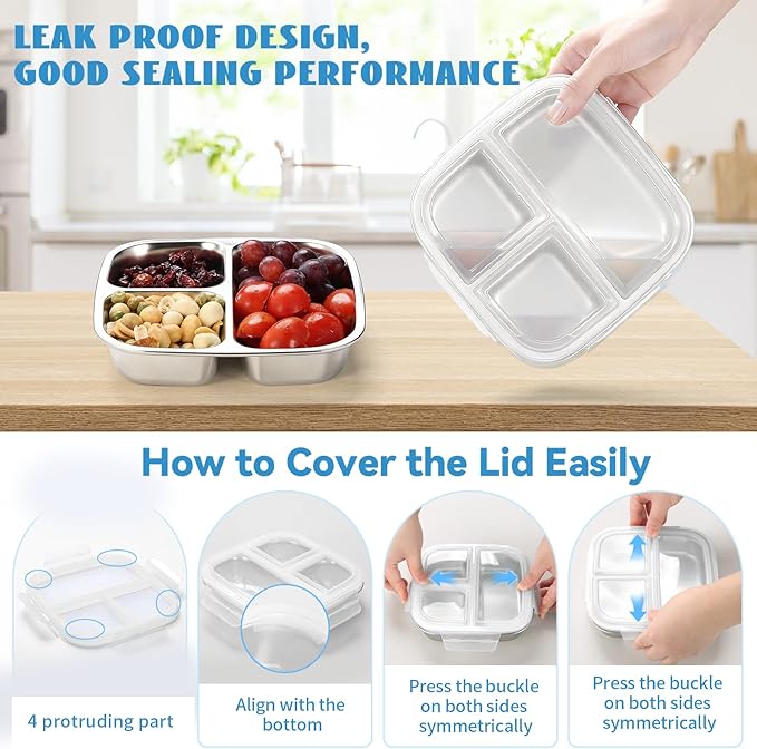 2 Pack Stainless Steel Snack Containers, 3 Compartments Reusable on the go Bento Box with Lids for Kids, Lunch Box Pre Meal Storage for School Office Outdoor Camping Travel - White & Blue