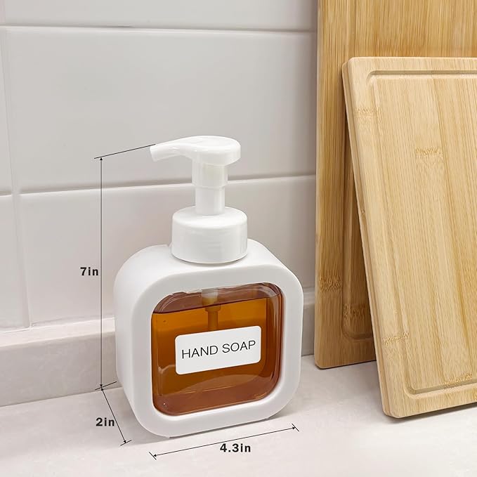 Foaming Soap Dispenser, 2 Pack 300ml (10oz) Plastic Refillable Foaming Hand Soap Dispenser with 16 Pcs Waterproof Labels, Foam Pump Bottle for Bathroom and Kitchen (White)