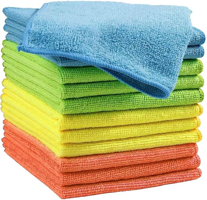 Microfiber Cleaning Cloths (12-Pack), 14" x 14", Ultra Absorbent, Lint-Free, Streak-Free, Reusable, Ideal for Car, Kitchen, Window, and Household Cleaning (Orange/Yellow/Green/Blue)