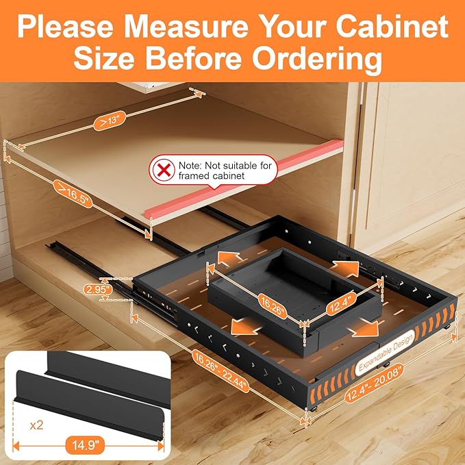 Pull out Cabinet Organizer Expandable W(12"-20") and D(16"-22"), No Drill Adjustable Slide Out Drawers With 3 Slide Rails, 2Pcs Magnetic Panel