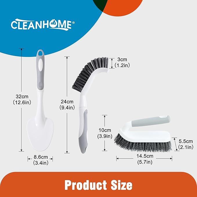 CLEANHOME 3 Pcs Scrub Brush,Multifunctional Cleaning Brush Set with Non-Slip Handle and Sturdy Bristles,Scrub Brushes for Cleaning Bathroom,Kitchen,Grout,Tile,Grey