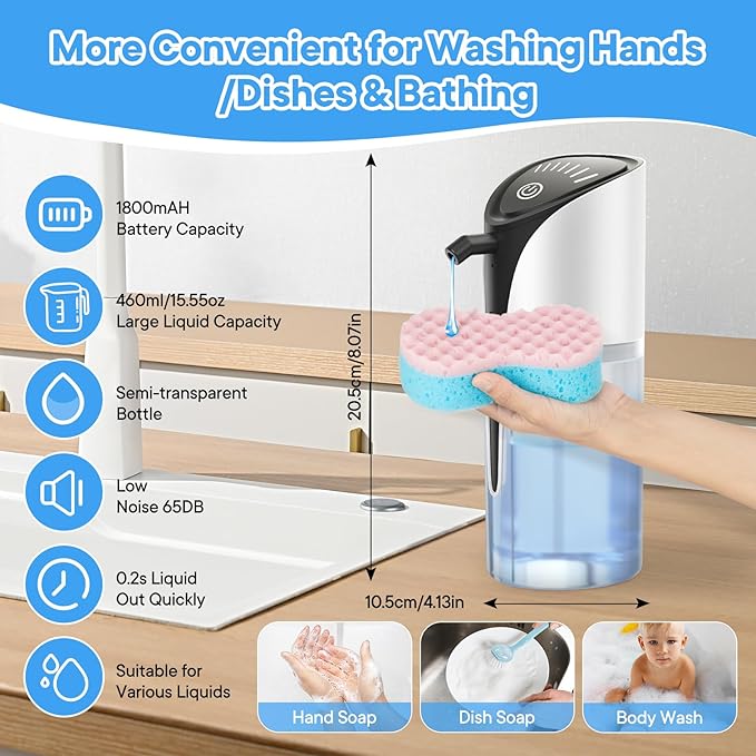 Automatic Liquid Soap Dispenser, 15.83 oz/450mL USB C Rechargeable Soap Dispenser, 7 Adjust Volume Touchless Hand Sanitizer Dispenser, Motion Sensor Waterproof Pump for Bathroom Kitchen (White)