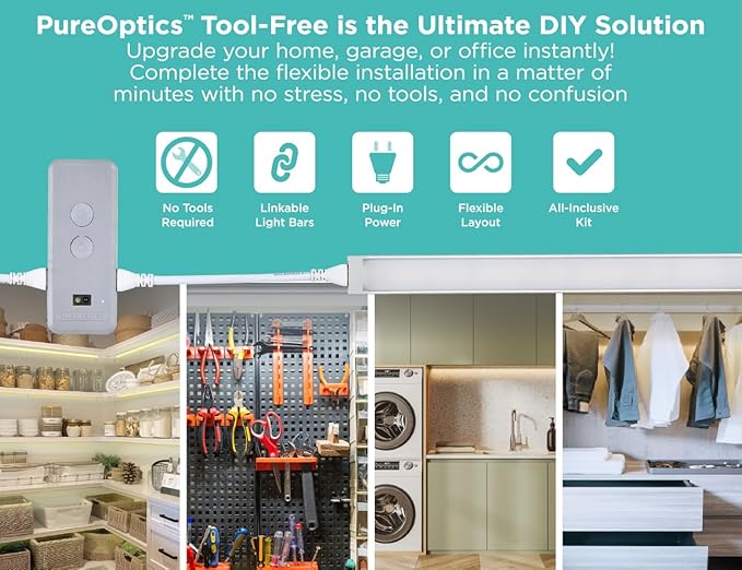 PureOptics LED Under Cabinet Light Kit, Motion Sensor, Dimmable, Linkable, 3 Color Settings, Tool-Free, Utility Light, Closets, Garage, Pantry, (1) 24" Bars
