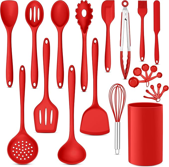 E-far Silicone Cooking Utensils Set, 24Pcs Heat Resistant Kitchen Utensil with Holder, Silicone Kitchen Tools with Spatula Turner Spoon Tongs Whisk, Non-Toxic & Dishwasher Safe (Red)