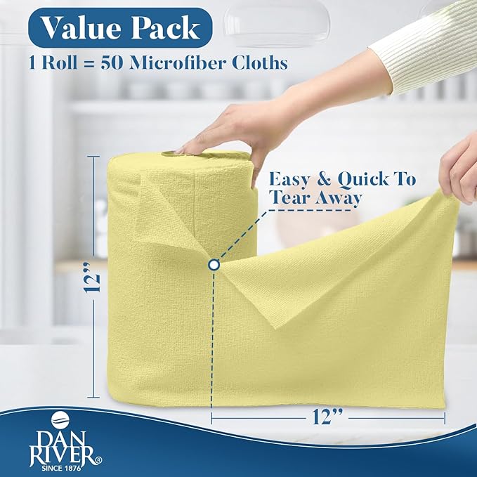 DAN RIVER Microfiber Cleaning Cloth Roll-50PK, Reusable Paper Towels Yellow Tear Away Cleaning Towels, Microfiber Towels Washable Shop, Lint Free Cleaning Rags for House, Kitchen, Window-11.5"×11.5"