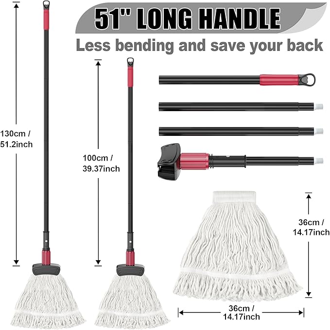 Commercial Mops for Floor Cleaning - Looped-End Heavy Duty Wet Mop with Long Handle for Hardwood Wood Tile Vinyl - Reusable Cotton Head for Home Garage Kichen Bathroom