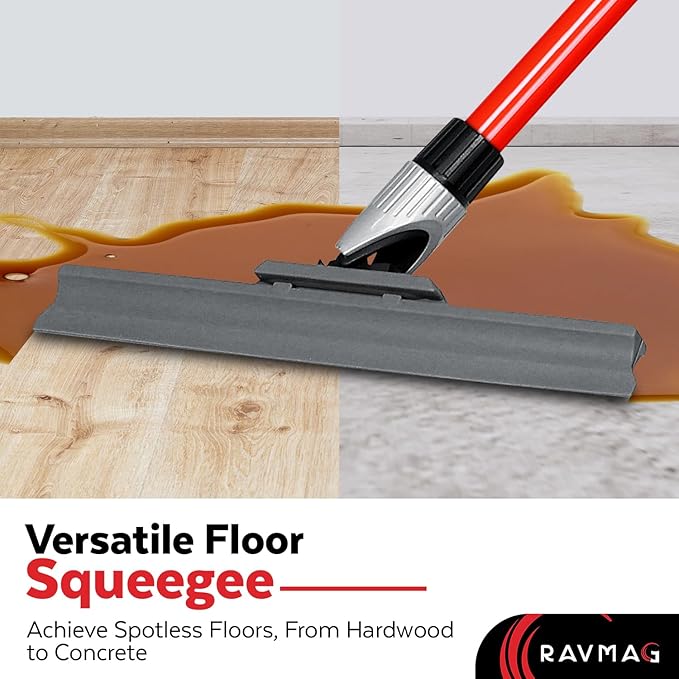 Silicone Floor Squeegee with 55-Inch Long Handle, 12-Inch Single Cast Silicone Blade, 360° Swivel Joint - Multifunction Floor Squeegee for Garage