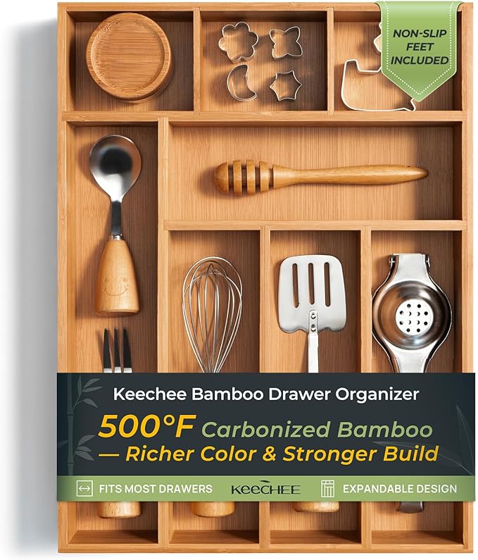 Carbonized Bamboo Kitchen Drawer Organizer, 8 Slots Silverware Organizer