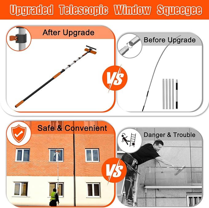 16FT Reach Window Squeegee Kit with Extension Pole, 2-in-1 Professional Washer for High Windows, 3-12FT Adjustable Reach