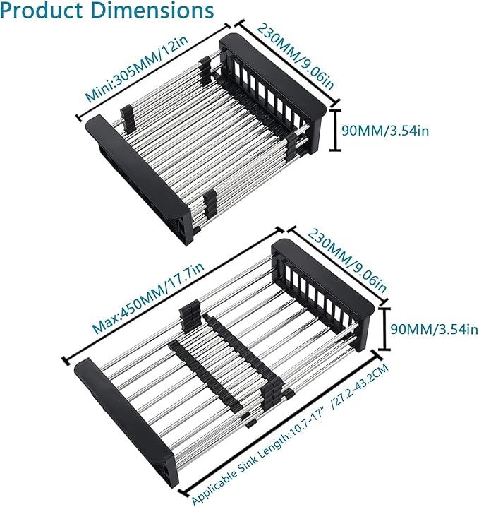 Expandable Dish Drying Rack Over The Sink, Stainless Steel Drainer Basket with Adjustable Arms for Dishes, Vegetable and Fruit (Black)