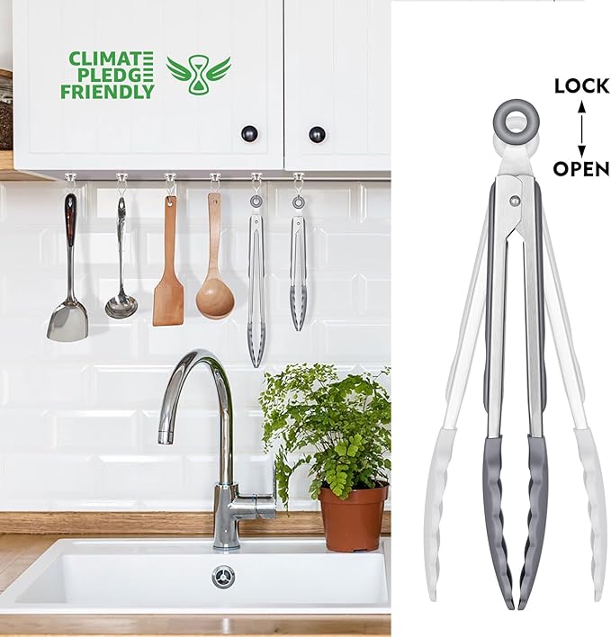 HOTEC Premium Stainless Steel Locking Kitchen Tongs with Silicon Tips, Set of 2-9" and 12" Light Grey