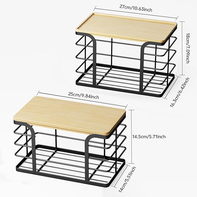 2 Pack Stackable Storage for Kitchen Laundry Pantry Organizers,Trash Bag Holder with Bamboo Top,Wall Mount Garbage Bag Dispenser,Black Large and Small