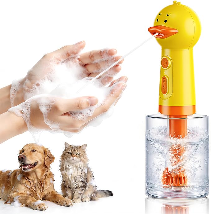 Electric Duck Foam Sprayer with Automatic Foaming Soap Dispenser, Rechargeable Dog Shampoo Dispenser, Suitable for Dog Bath, Kitchen and Pet Cleaning,10.08 × 3.27 × 3.27 inch