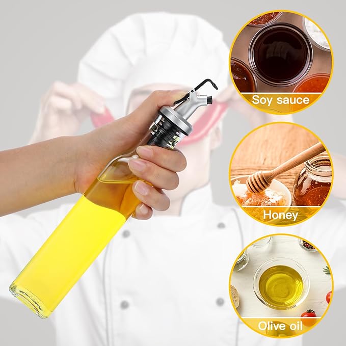 Hushee 12 Pcs Clear Glass Olive Oil Dispenser Bottles Sets Include 8oz Glass Bottle with Spout Oil Vinegar Cruet Container for Kitchen Stainless Steel Funnel Black Labels with White Pen(Silver)