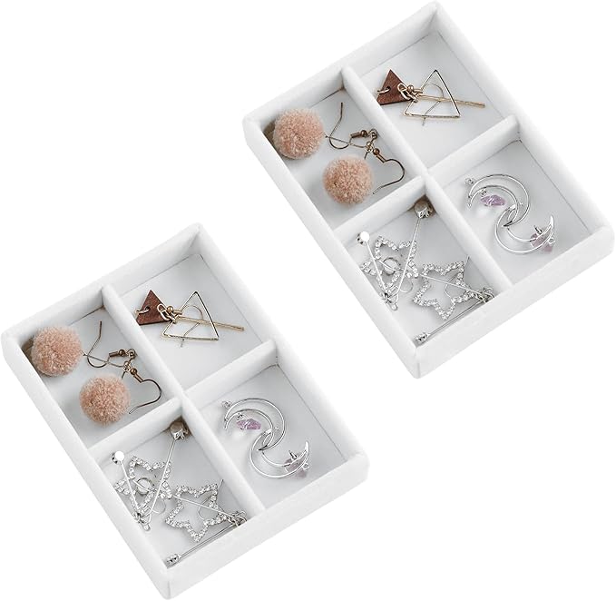 Small Jewelry Tray Set, Stackable Velvet Jewelry Organizer Tray, Set 2,White
